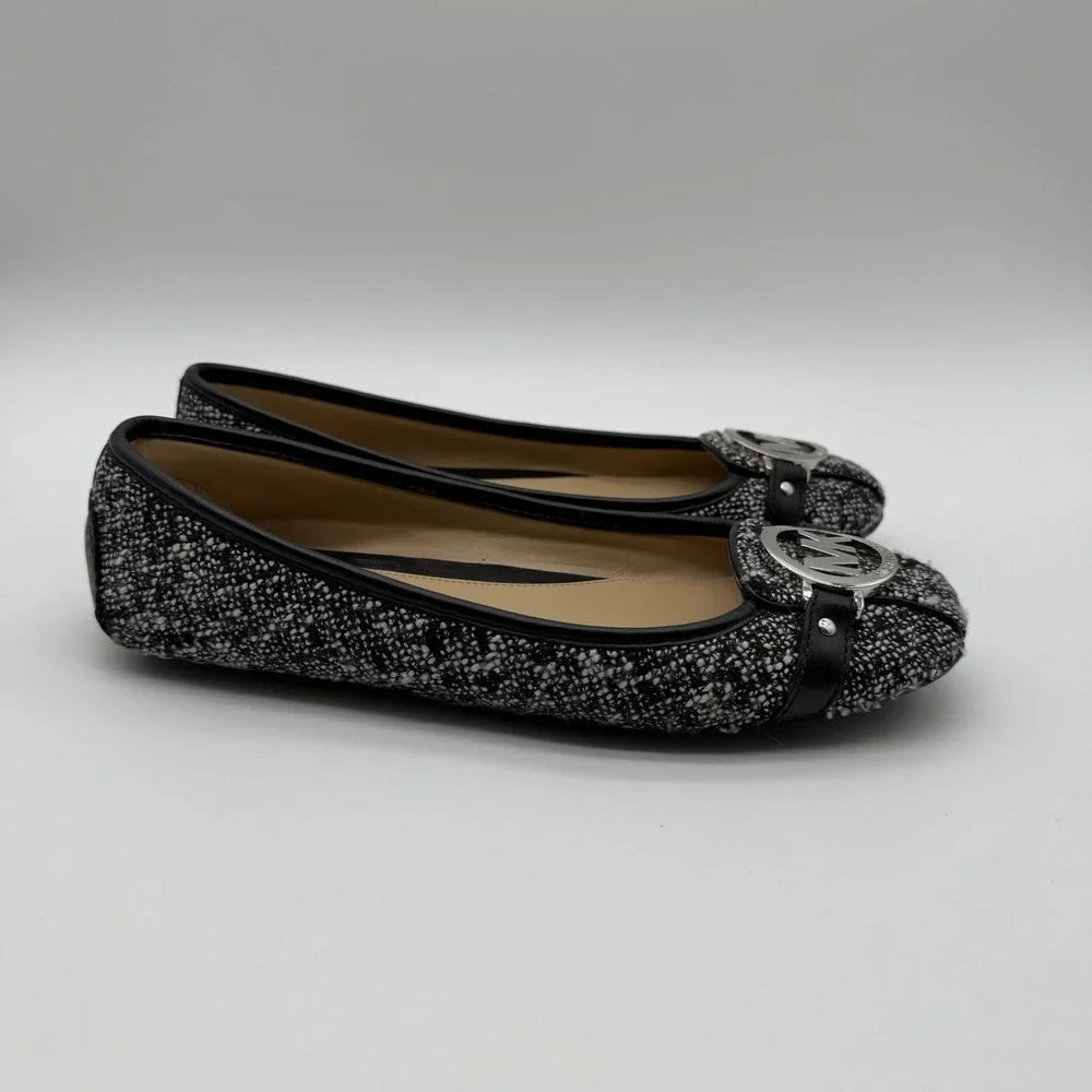 Michael Kors Women's Fulton Slip On Flats Balletcore Black White Tweed Logo 7.5